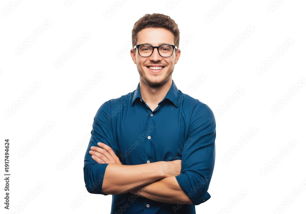 Obraz premium Young man with glasses and arms crossed standing on isolated transparent background