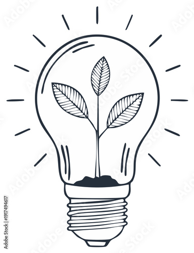 Hand-drawn sketch of a light bulb with a growing plant inside, symbolizing ideas, growth, and sustainability.