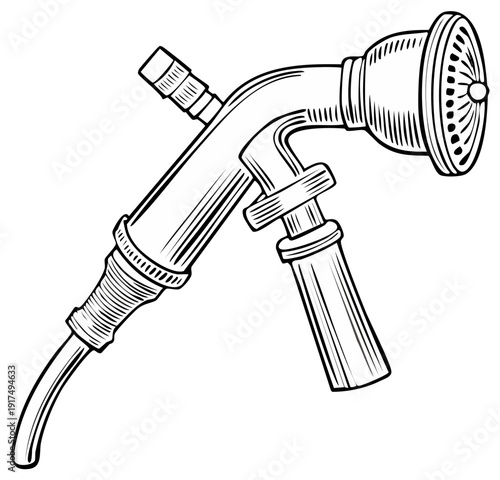 Vintage style garden watering nozzle, black and white line art illustration of a spray gun tool