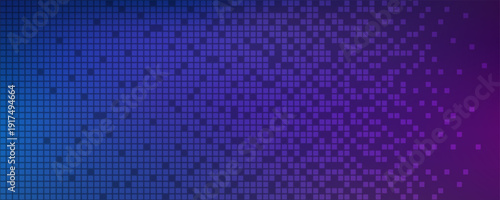Neon AI pixel fade gradient bg. Blue and purple gradient background. Abstract digital pattern with dot elements grid. Vibrant cyber futuristic texture. Modern vector illustration.