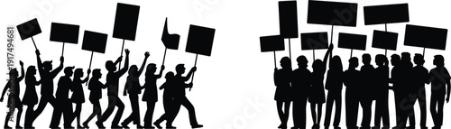 Protest silhouette icon set with people holding signs, demonstration illustration, vector artwork, editable, isolated graphic design for social movement themes