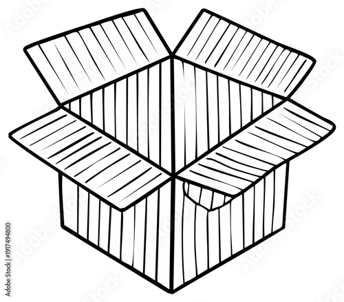 Black and white hand drawn style open empty cardboard box doodle icon for packaging design