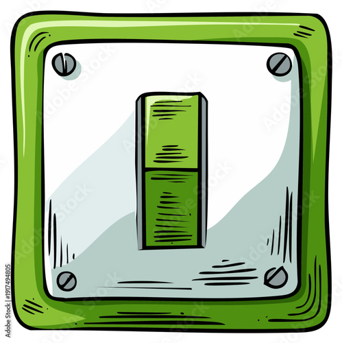 Hand drawn green light switch illustration in a cartoon sketch style in the on position for power and energy