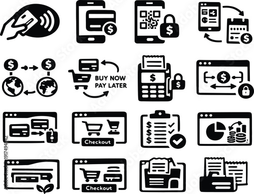 Digital Payment Icons: A comprehensive collection of digital payment icons, illustrating various methods and technologies used in modern financial transactions and e-commerce.