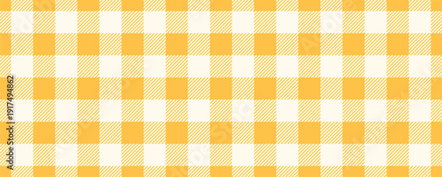 Yellow gingham fabric seamless pattern. Cute check plaid. Summer picnic kitchen tablecloth texture. Gingham square vintage texture. Vector illustration isolated on white background.