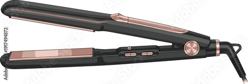 Professional flat iron hair straightener vector illustration with rose gold plates and black ceramic body for beauty salon hairstyling and grooming.