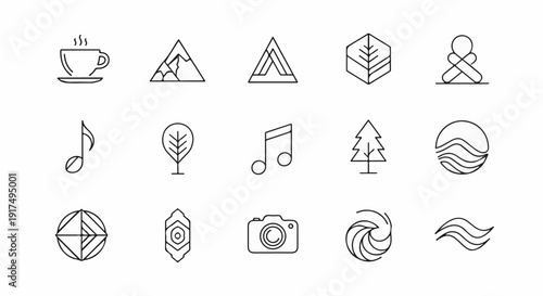 Collection of 15 minimalist outline icons representing nature, music, and hobbies