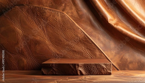 Textured brown leather backdrop with a stone-like platform for product display