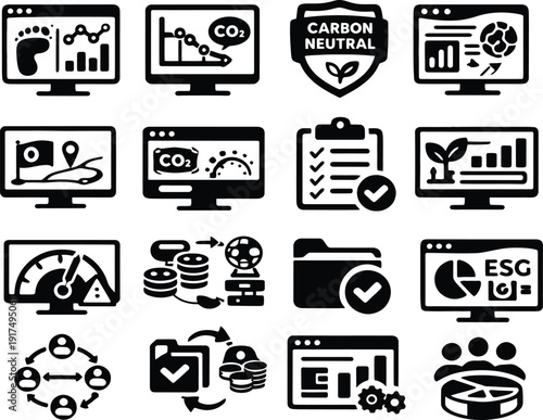 Sustainability Data: A comprehensive collection of graphical icons representing diverse aspects of environmental sustainability, showcasing carbon footprint analysis, carbon neutrality, ESG metrics.