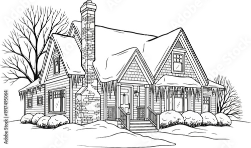 Cozy winter home with icicles and snow-covered trees