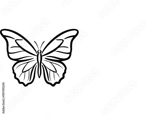 Black and white outline drawing of a butterfly on a white background