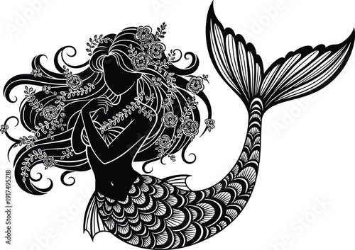 Intricate mermaid silhouette with ornate floral hair detailed scales fantasy ocean illustration decorative design for tattoo print branding art