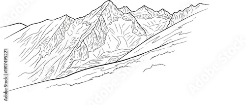 Craggy, snow-dusted peaks rise above a steep, grassy slope