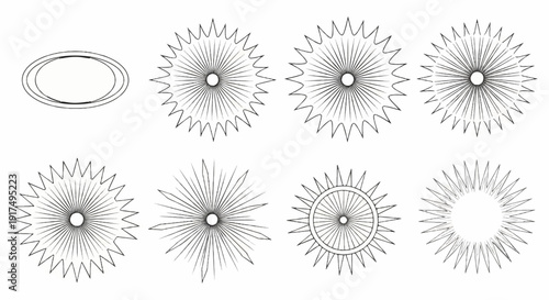 Collection of abstract sunburst and oval shapes with sharp, radiating lines