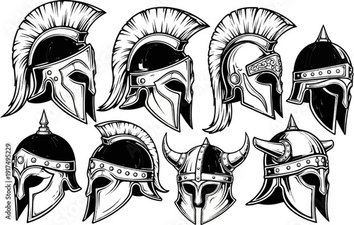 Collection of ancient warrior helmets including Greek, Roman, and Viking styles