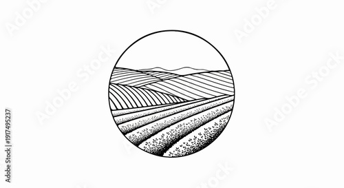 Circular illustration of rolling farmland with distant hills