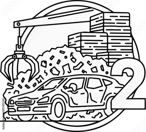 Crane loads debris onto car next to stacks of material and number 2