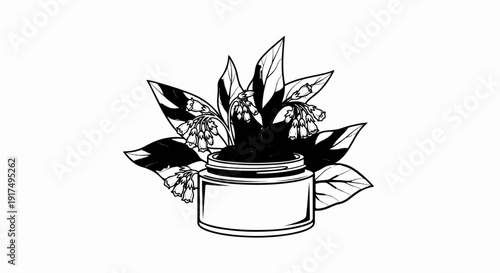 Cream jar with blooming plant and leaves
