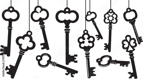 Collection of antique keys hanging from strings illustration