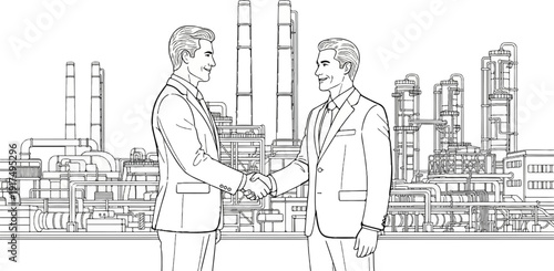 Business handshake in front of a large industrial complex