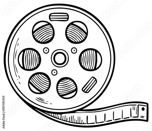 Retro film reel with movie strip sketch black and white line art illustration