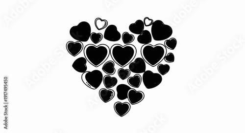 Collection of black heart shapes in various sizes forming a larger heart