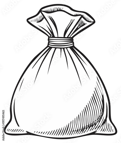 A hand drawn vintage engraving style illustration of a full tied burlap sack or money bag