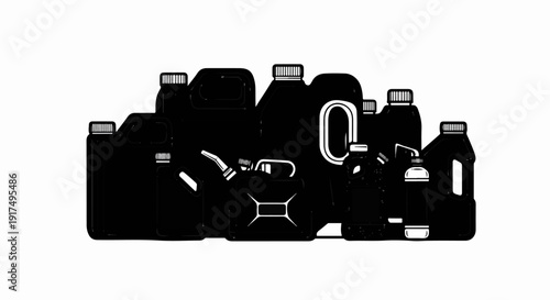 Collection of black plastic containers with varying cap styles and handles