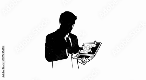 Businessman in silhouette using a tablet with a map and location pin