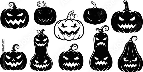 Collection of carved pumpkins with spooky faces, perfect for Halloween