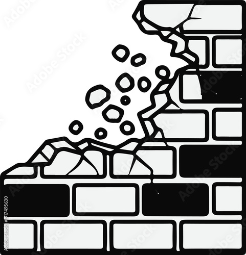 Crumbling brick wall with falling debris and cracks