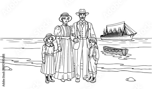 Vintage Historical Family Near Ocean Liner Ship Black and White Line Art Coloring Page for Kids