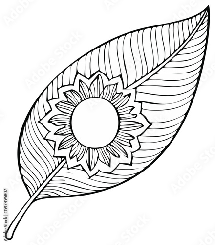 Intricate Leaf Pattern with Floral Center in Detailed Black and White Coloring Book Style for Relaxation and Creativity
