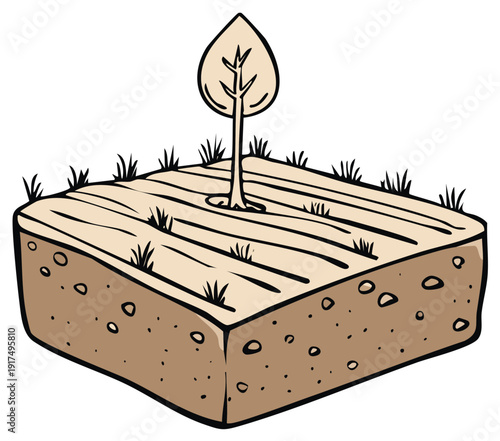 Isolated cartoon sapling growing from cultivated soil cross-section