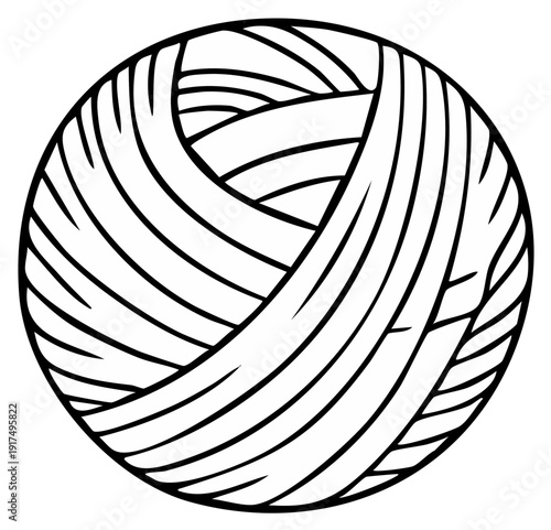 Black and white outline drawing of a classic ball of yarn or thread for craft projects