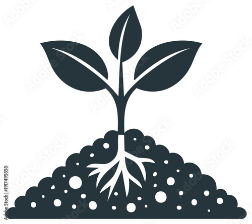 Dark silhouette of a young plant seedling growing from rich soil with visible roots