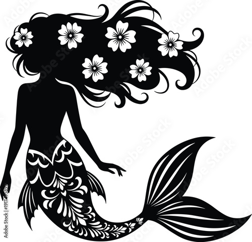 Beautiful mermaid silhouette with floral hair and decorative tail elegant fantasy ocean illustration for logo print wall art design