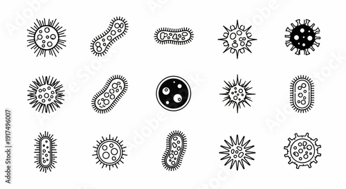 Collection of diverse microscopic cell and virus-like icons