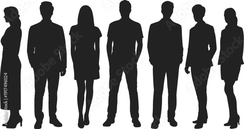 Business men and women silhouette collection in black vector illustration isolated on white background representing corporate team, professional group and workplace diversity concept