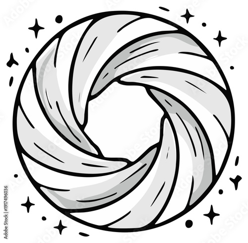 Abstract swirling vortex iris diaphragm design with radiating stars and dots, doodle art style