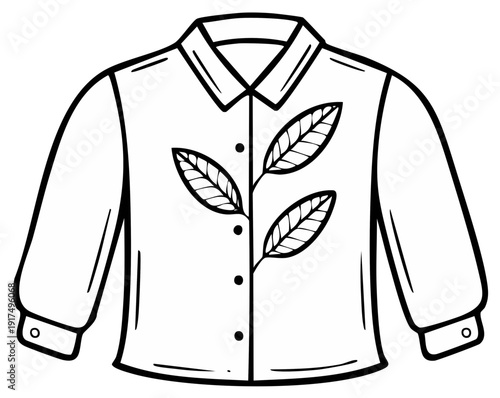 Black and white illustration of a button up shirt with leaf design.