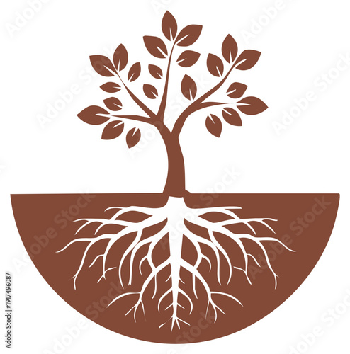 Stylized Tree with Visible Roots Symbolizing Growth and Foundation