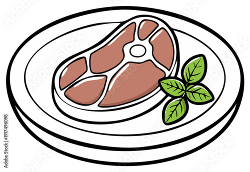 Cartoon illustration of a fresh cooked meat steak on a white plate with green herb garnish