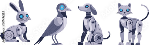 Robotic animals, futuristic pets, mechanical rabbit, cyber bird, robotic dog, robotic cat, glowing eyes, sci-fi vector, AI design, technology clipart