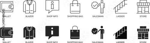 Shopping and Retail Line Icons Set, Store Fashion Clothing Service Outline Vector Collection