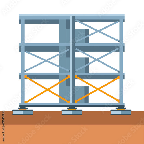 Structural steel scaffolding system with cross bracing for stability and support on construction site
