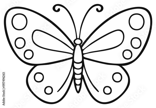 Outline illustration of a butterfly with large wings and decorative circles on its wings