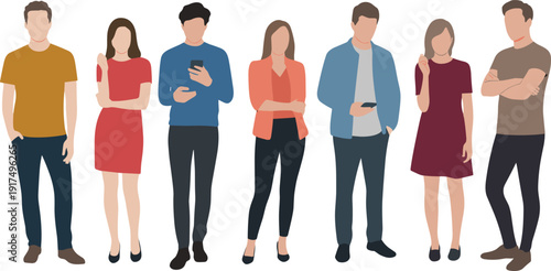 Diverse young adults standing with smartphones flat vector illustration isolated on white background representing modern communication, social media and everyday lifestyle concept