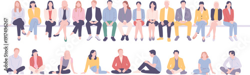 Diverse group of people sitting in row and on floor flat vector illustration isolated on white background representing waiting room, audience and social gathering concept