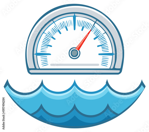 Speedometer gauge with water waves graphic, measuring movement.